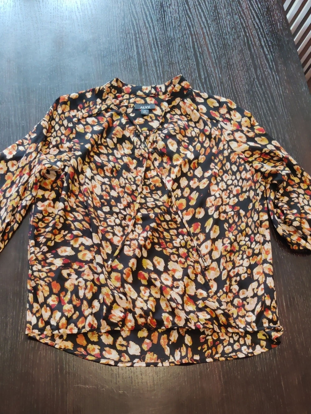 Alyx Black Floral-Animal Print Wrap Top with Gold & Rust Accents
